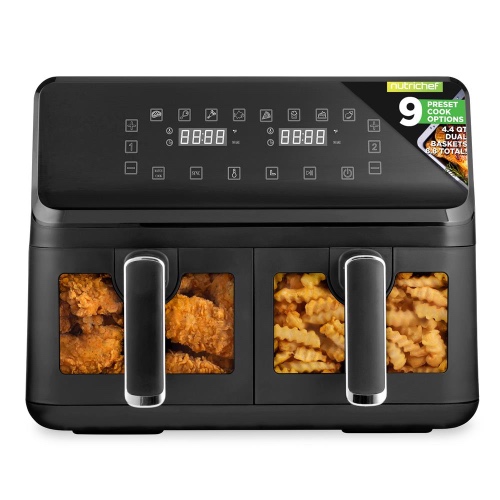 4.4Qt Dual Basket Air Fryer - Customized Digital Display Electric Oil Free Cooker With Transparent Window (Black)
