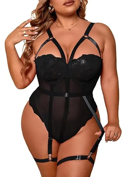OYOANGLE Women's Plus Size Ring Linked Cut Out Sheer Mesh Teddy Bodysuit Garter Lingerie Set - XX-Large Plus - Black