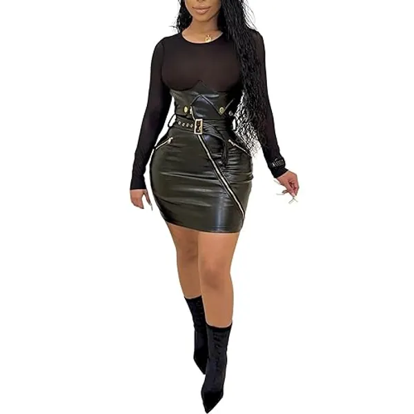 sedmoda Women Sexy Faux Leather Mini Dress Sheer Mesh Patchwork Long Sleeve Bodycon Dresses Party Club Outfits - XX-Large - Black