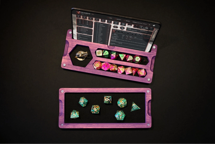 Dungeons Box™ | USA Made • Hero Vault Handmade RPG Dice Box • Solid Bamboo Hardwood Dice Tray • D&D Miniature Storage • Phone + Tablet Stand