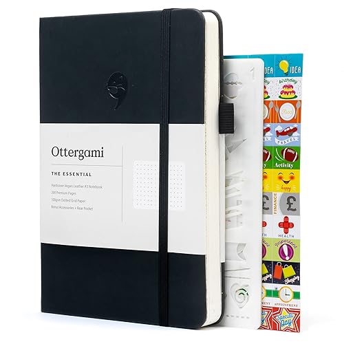 Ottergami Bullet Dot Journal A5 Notebook, DeluXe Notebook + Stickers Scrapbooking, 6 Stencils for Journaling, 100gsm Essential Dotted Paper - Modern Slate