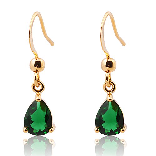 Dangle Drop Pierced Earrings with Pear Cut CZ in 18K Yellow Gold Plated, Simple Modern Elegant - Green
