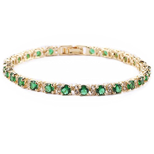 RIZILIA Eternity Tennis Bracelet & Round Cut CZ in Yellow Gold Plated, 7" - Green