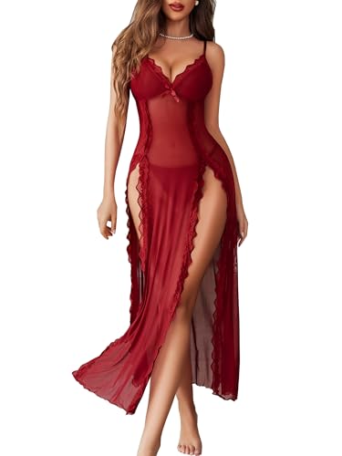 Avidlove Women Lingerie Lace Babydoll Chemise Sexy Mesh Nightdress V Neck Nightwear Side Split Nightgown - Wine Red - Small