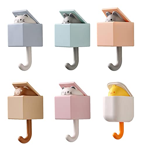 Creative Adhesive Coat Hook,6 Pcs Cute Pet Hooks for Coat, Scarf, Hat, Towel,Key,Bag, Utility Cat Hook for Wall Hanging Decorations(All 6 Colors) - 6 Pieces