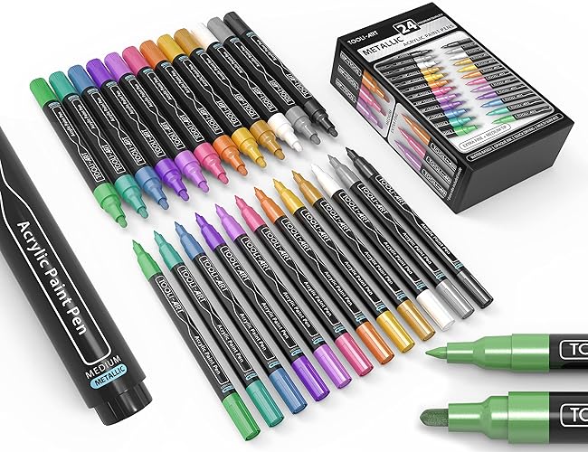 Acrylic Paint Markers Paint Pens Special Colors Set Extra Fine And Medium Tip Combo For Rock Painting, Canvas, Fabric, Glass, Mugs, Wood, Ceramics, Plastic, Multi-Surface. Non Toxic, (METALLIC) - METALLIC COMBO
