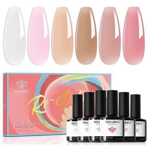 modelones Gel Nail Polish 6 Colors Transparent Jelly Milky White Sheer Pink Neutral Nude Gel Polish Nail Kit Soak off U V Light Nail Polish French Nail Art Manicure DIY Salon Home for Women Girls - A-1 Jelly Transparent