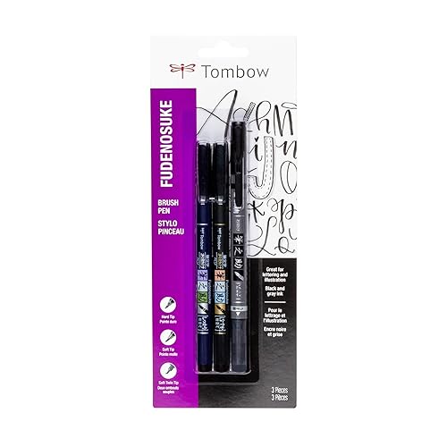 Tombow 62039 Fudenosuke Brush Pens, 3-Pack. Soft, Hard, and Twin Tip Markers for Calligraphy and Art Drawings - 3 Count (Pack of 1) - Black