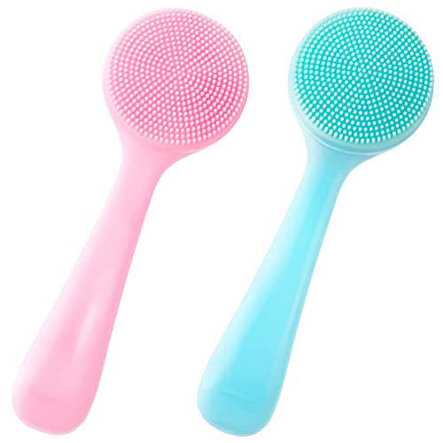 HINZIC 2 Pack Silicone Manual Facial Cleansing Brush, Skin Friendly Waterproof Face Cleaning Scrubber Exfoliator Cleanser for Blackheads Whiteheads Makeup Residues Removal- Blue & Pink - type 1