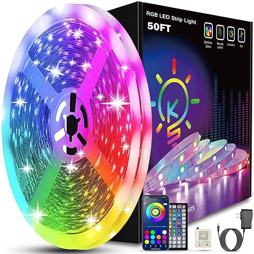 Keepsmile 50ft Led Strip Lights Bluetooth App Control Led Lights Strip with Remote Music Sync Color Changing RGB Led Lights for Bedroom Room Home Christmas Decor (Lumiere Led 15M) - 50FT (1 Roll of 50ft)