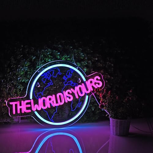 Hoyoelec The World is Yours Neon Sign for Wall Decor LED Dimmable Light Switch Wall Sign for Cool Light, Wall Art, Bedroom Decorations, Home Accessories, Party, and Holiday Decor