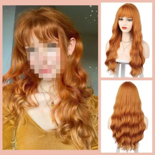 Ginger Wig with Bangs Ginger Wavy Wigs for Women Long Orange Wig Heat Resistant Synthetic Orange Wig for Daily Cosplay Party(24inch Orange) : Beauty & Personal Care