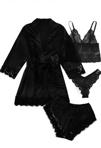 Silk Satin Pajamas Set 4pcs Lingerie Floral Lace Cami Sleepwear with Robe at Amazon Women’s Clothing store