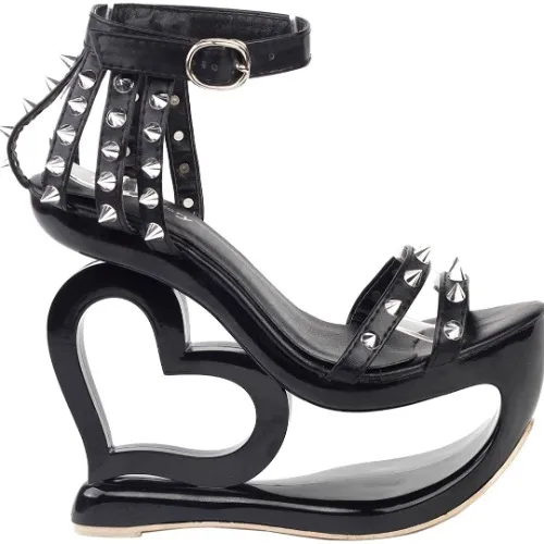 Punk Black Spikes Strappy Heart Heel Wedge Evening Sandals,LF40204 | Heeled Sandals