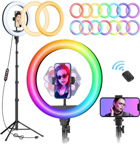 12" RGB Ring Light with 63" Tripod Stand, 3 CCT Mode & 39 Color Mode Selfie Ring Light with Stand, [2-in-1] LED Ring Light & Selfie Stick with Wireless Remote, for Makeup/Live Stream/Photography : Cell Phones & Accessories