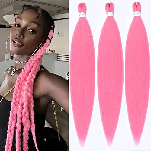 Pink Braiding Hair Pre Stretched 26 Inch 3Packs Hot Pink Braiding Hair Colored Hair Extensions For Braiding Hot Pink Hair Extensions Colorful Braiding Hair Pink Crochet Hair(26 Inch, Pink#) - Pink# - 26 Inch(Pack of 3)
