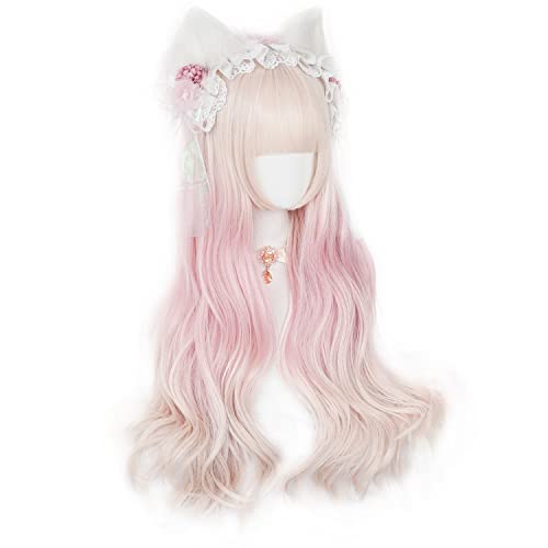 Pastel Pink Wig with Bangs for Kids Women Long Curly Wavy Ombre Harajuku Gradient Blonde Hair Girls Kawaii Cute Cosplay Wig for Halloween Party + Cap - Curly Pink