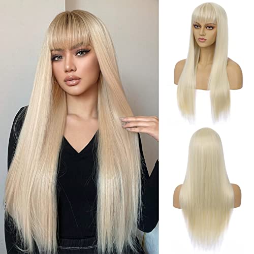BERON Light Blonde Wigs Straight Long Hair Wigs with Bangs Women Fashion Heat Resistant Synthetic Natural Looking Wig for Cosplay Party or Daily Use - Light Blonde - Long