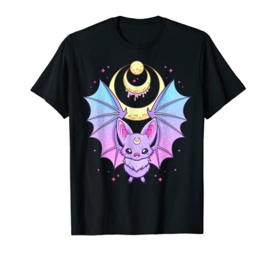 Kawaii Pastel Goth Cute Creepy Crescent Moon Bat T-Shirt - Youth - Royal Blue - Large
