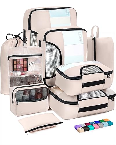 Veken 8 Set Packing Cubes for Travel, Gifts for Women Mom, Carry on Suitcase Organizer Bags for Luggage with Hanging Toiletry Bag and Shoe Bag, Travel Essentials Travel Accessories for Cruise Ship - 02-Cream - 8 Set