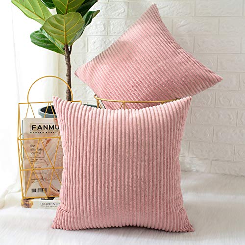 MERNETTE Pack of 2, Corduroy Soft Decorative Square Throw Pillow Cover Cushion Covers Pillowcase, Home Decor Decorations for Sofa Couch Bed Chair 20x20 Inch/50x50 cm (Peach Pink) - Peach Pink - 20"x20",2 Pieces