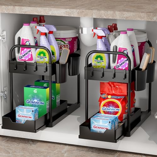 Kitchen Organizers and Storage 2Pack, 2 Tier Under Sink Organizer Sliding Pantry Organizer Pull Out with Hooks and Hanging Cups for Bathroom Kitchen Cabinet Black 2Pack - Black-2pack