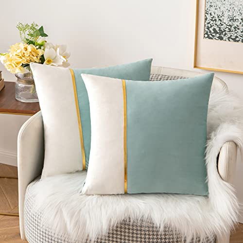 MIULEE Pack of 2 Christmas Decorative Patchwork Velvet Throw Pillow Covers with Gold Leather Square Soft Solid Pillowcases Couch Pillows Cushion Covers For Bed Sofa Living Room 20 X 20 Inch Aqua Green - 20x20 Inch (Pack of 2) - Aqua Green