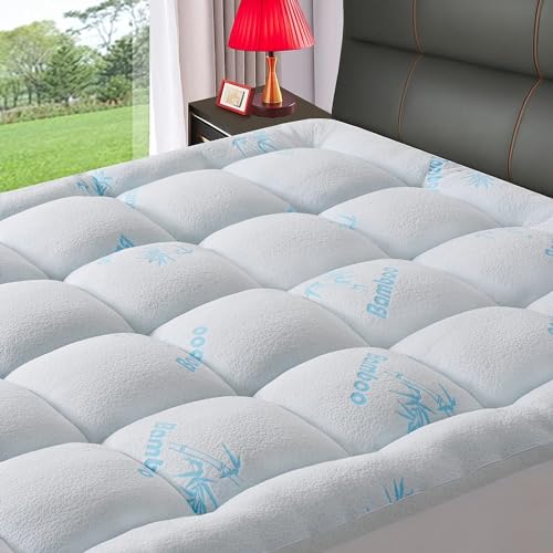 KELTARO Bamboo Mattress Topper Full Size Double Bed,Extra Thick Cooling Mattress Pad Cover Soft Plush Noiseless Down Alternative Fill,with 8-21" Deep Pocket - White - Full