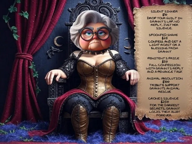 Penitent’s price  (A big donation to Granny’s chosen cause or rescue.)