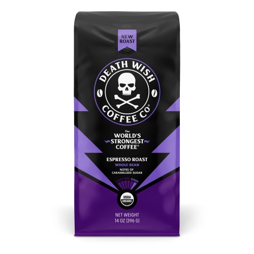 DEATH WISH COFFEE Whole Bean Espresso Roast - Extra Kick of Caffeine - Organic, Fair Trade, Strong Coffee Grounds from Arabica, Robusta Beans (1-Pack) - 14 Count (Pack of 1) Espresso Roast