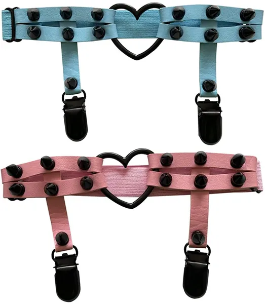 2pcs Adjustable Leather Heart Garters Punk Rock Gothic Rivet Stud Leg Ring Garters For Women Party Carnival - Pink+blue