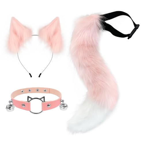 hbbhml Furry Animal Cat Fox Tail Faux Fur Wolf Ear Headband Leather Neck Chocker Costume Set for Party Halloween Cosplay - Pink