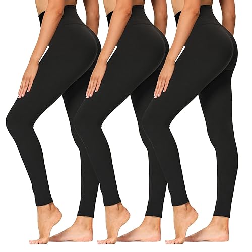 High Waisted Leggings for Women - Soft Athletic Tummy Control Pants for Running Cycling Yoga Workout - Small-Medium - 3 Pack Black, Black, Black