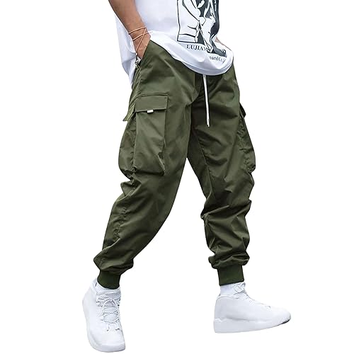 ZAFUL Men's Streetwear Cargo Pants with Flap Pockets & Drawstring Elastic Waist - Casual & Techwear Joggers - Large - A-dark Green