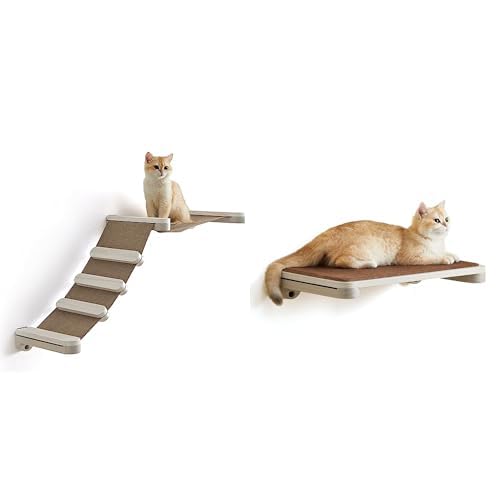 Feandrea Cat Climbing Hammock, Wall-Mounted Cat Bed with Stairs, Cat Wall Perch UPCK002T66 & Feandrea Wall-Mounted Cat Shelf Perch for Indoor Cats, Unlimited Expandability UPCK007T66