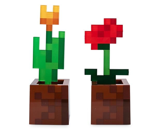 Minecraft Orange Tulip and Poppy Flower Pot Mood Lights, Set of 2 | Nightstand Table Lamp with LED Light for Bedroom, Desk, Living Room | Home Decor Room Essentials | Video Game Gifts And Collectibles