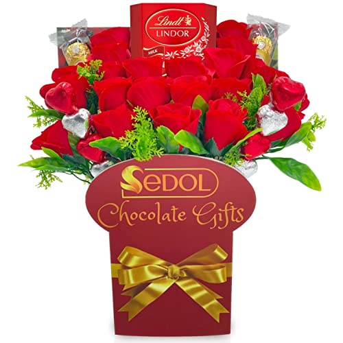 Chocolate Gift Bouquet with Croquettes and Truffles Chocolate, Heart Chocolates & Red Roses - Flowers and Chocolates - Birthday Anniversary Chocolate Gifts for Her (Lindt Milk Chocolate)