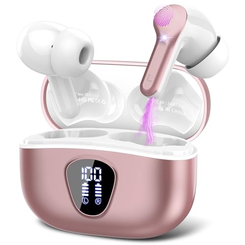 Wireless Earbuds, Bluetooth 5.3 Headphones with 4 ENC Noise Cancelling Mic, Bluetooth Earbuds 40H Playtime , Wireless Headphones in ear Earphones Bass Stereo, LED Display, IP7 Waterproof, Rose gold - Rose gold