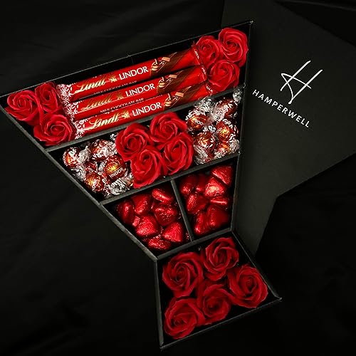 Signature Chocolate Bouquet Hamper With Lindor, Red Roses, Chocolate Truffles, Lindor Chocolate Bars & More in a Luxury Presentation Box