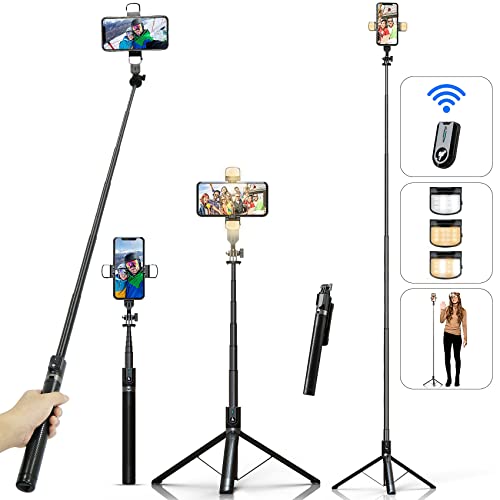 Selfie Stick Phone Tripod with Remote and LED Fill Lights - ASHINER 180cm Heigh Cell Phone Holder for Travel, Vlogging, Live Streaming Video and Photos, Phone Stand Compatible with iPhone and Android