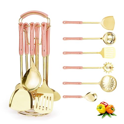 Stainless Steel Utensil Set, 7 PCS Kitchen Utensils Set with Holder for Cooking, Easy to Clean Kitchen Tool Set, Heat Resistant Kitchen Essentials & Metal Kitchen Gadgets (Pink) - Pink