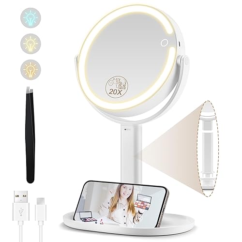 MOMOKUBA Magnifying Mirror with Light 20x, 8" Makeup Mirror with Light on Stand, Illuminated Makeup Mirror Double Sided 3 Colors 64 Led, Rechargeable Light Up Mirror 360° Rotation Pedestal Mirror - White-desk