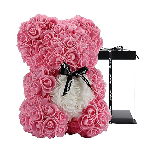 ROSEBEWU Rose Teddy Bear 10 inch Hugz Teddy Flower Bear - Over 250 Dozen Artificial Roses - Unique Gifts, Gifts for Women - Clear Gift Box (Pink) - Pink