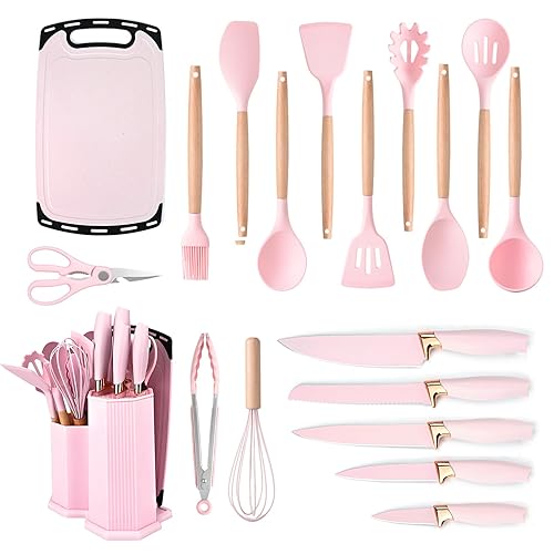 Kitchen Utensil Set, Kitchen Knife Sets with Block and 11 PCS Cooking Utensils Set,Heat Resistant Silicone Utensils, 6 Piece Stainless Steel Knive Set with Whisk Tongs and Cutting Board (Pink) - Pink