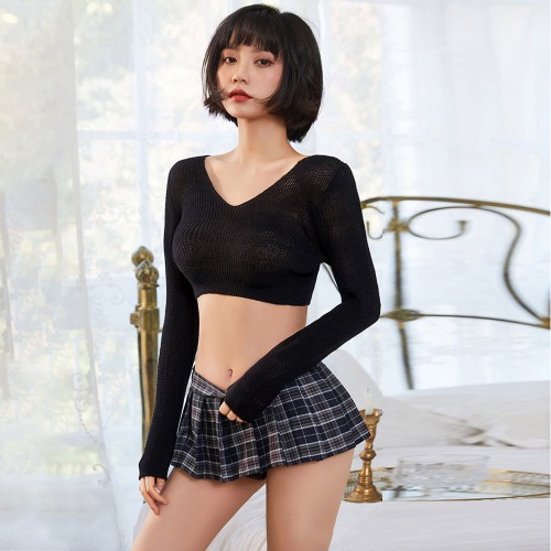 Ribbed Knit Crop Top & Plaid Mini Skirt - Daring Schoolgirl Set - Black / S