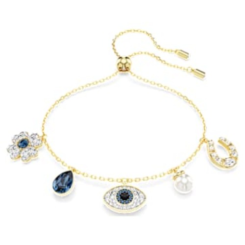 Symbolica bracelet, Clover, evil eye and horseshoe, Blue, Gold-tone plated
