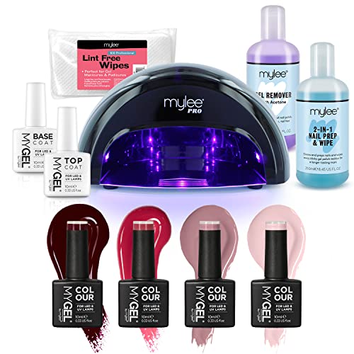 Mylee Complete Professional Gel Nail Polish LED Lamp Kit, 4x MYGEL Colours, Top & Base Coat, Mylee PRO Salon Series Convex Curing® LED Lamp, Prep & Wipe, Gel Remover (Black Lamp)