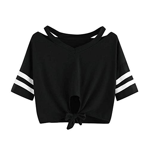 YEBIRAL Damen Sweatshirt, Teenager Mädchen Kurzarm T-Shirt Bauchfrei Oberteil Kurz Sommer Strand Casual Crop Tops V-Ausschnitt Bluse mit Schleife - XL - Schwarz