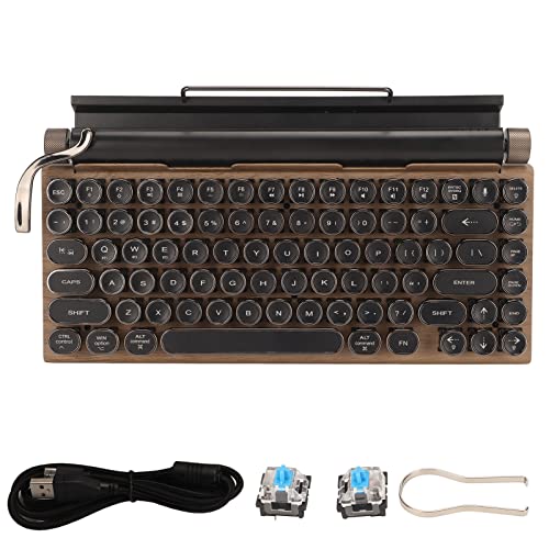 Mechanisch Toetsenbord met 83 Toetsen, Retro Typemachine-Toetsenbord 83 Toetsen Vintage Draadloos Bluetooth Mechanisch Toetsenbord met Metalen Ronde Kap voor Desktop-pc Laptop - Hout Kleur