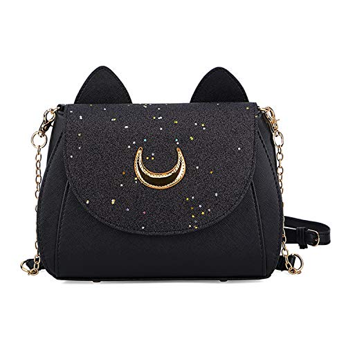 LIAOLI Mode Frauen Kawaii Handtasche Moon Sailor Luna Cosplay Messenger Crossbody Katze Geldbörse Pailletten Satchel Schultertasche - Schwarz